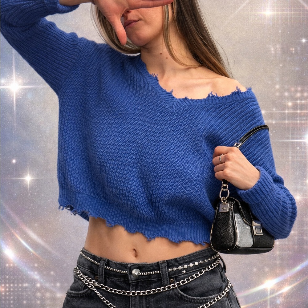 Moon & Madison Royal Blue Distressed Cropped V-Neck Sweater - Size M